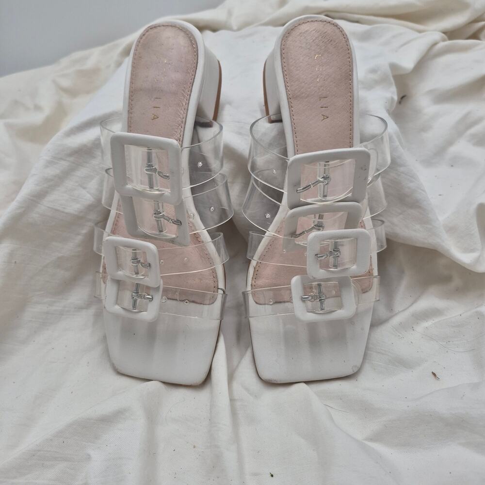 Cecelia New York Lincoln Strappy Slide low block heel Sandals White Womens sz 8